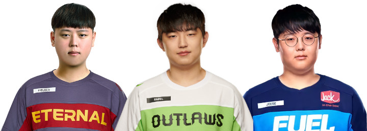 Kwon 'Fielder' Joon (Left), Kim 'Rapel' Jun-keun (Middle) and Lee 'Jecse' Seung-soo (Right)