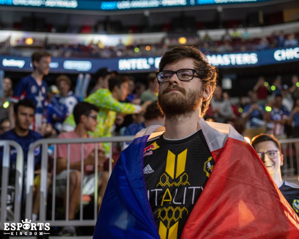 Nathan 'NBK' Schmitt enters wrapped in the French flag